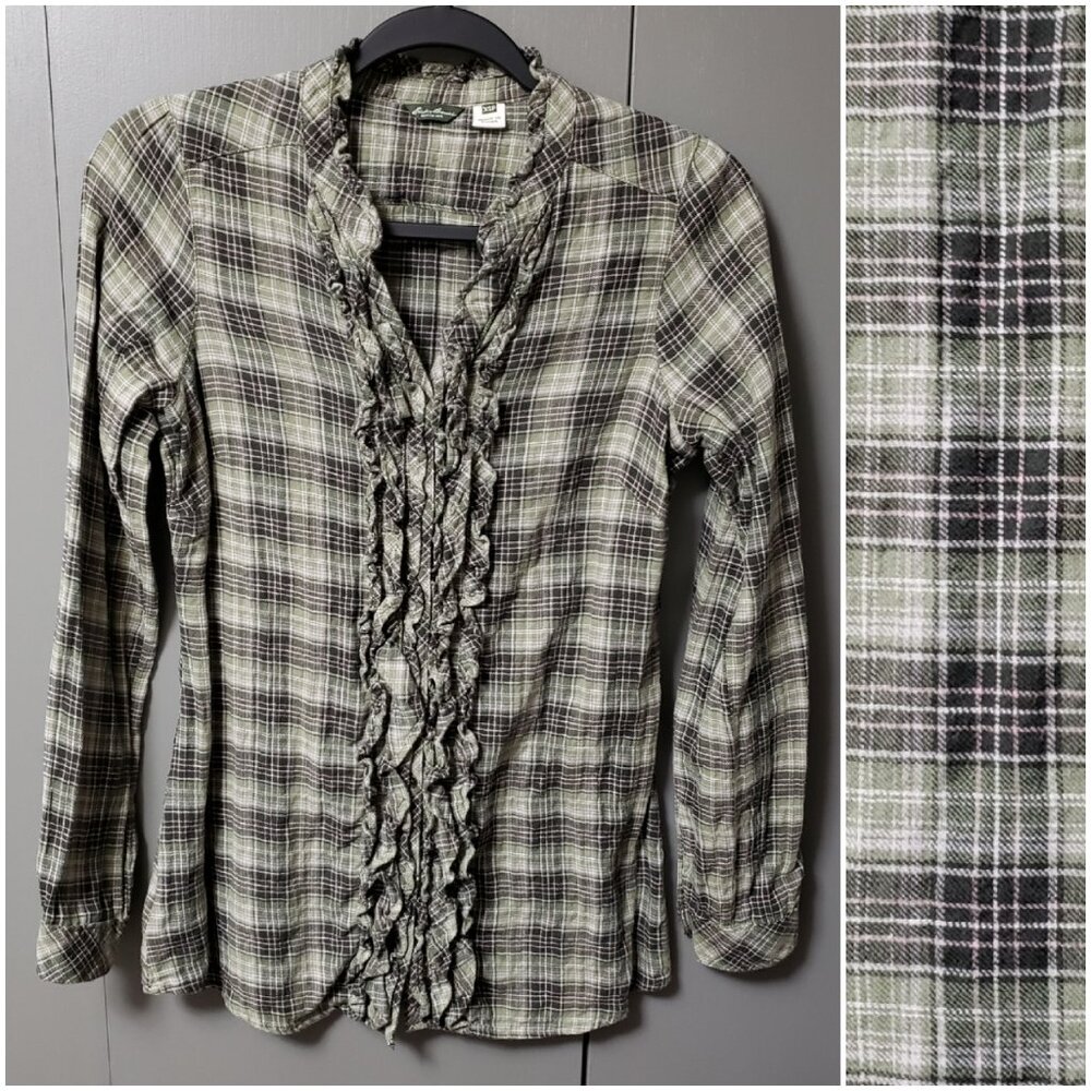 VTG Eddie Bauer Petite Green Plaid Ruffled Buttoned Down Shirt